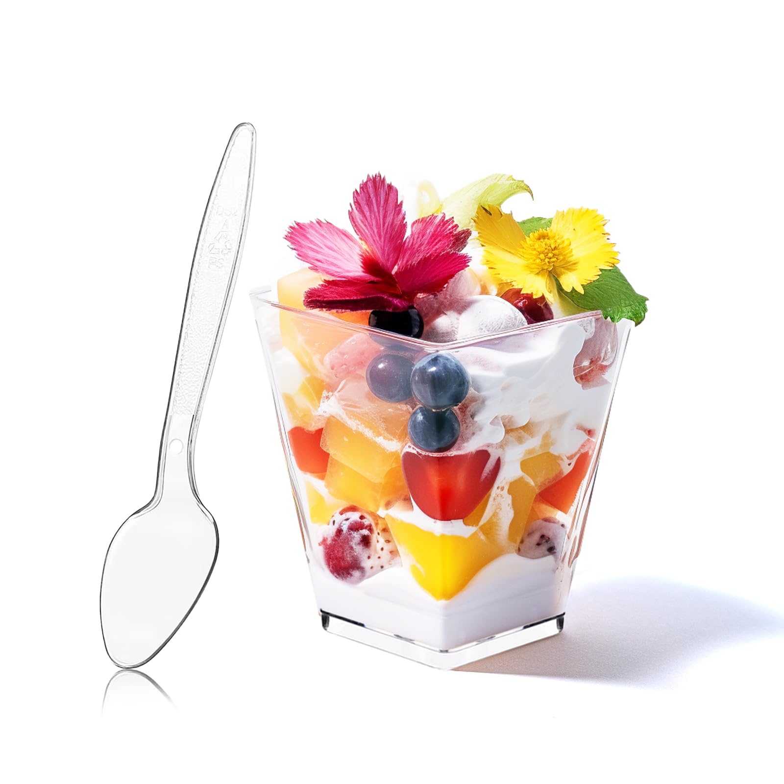 Photo 1 of 5 oz Square Dessert Cups with Spoons, Clear Plastic Parfait Cups for Party, Mini Serving Shooter Appetizer Cups, Dessert Shot Glasses for Tasting Samples Fruit Ice Cream