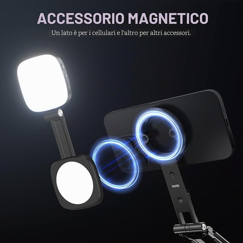 Supporto Treppiede Telefono Magnetico, Maniglia Cellulare in Metallo con Filettatura 1/4", Cold Shoe e Tipo Arca, Compatibile con MagSafe iPhone Samsung Huawei Android per Video, PA098