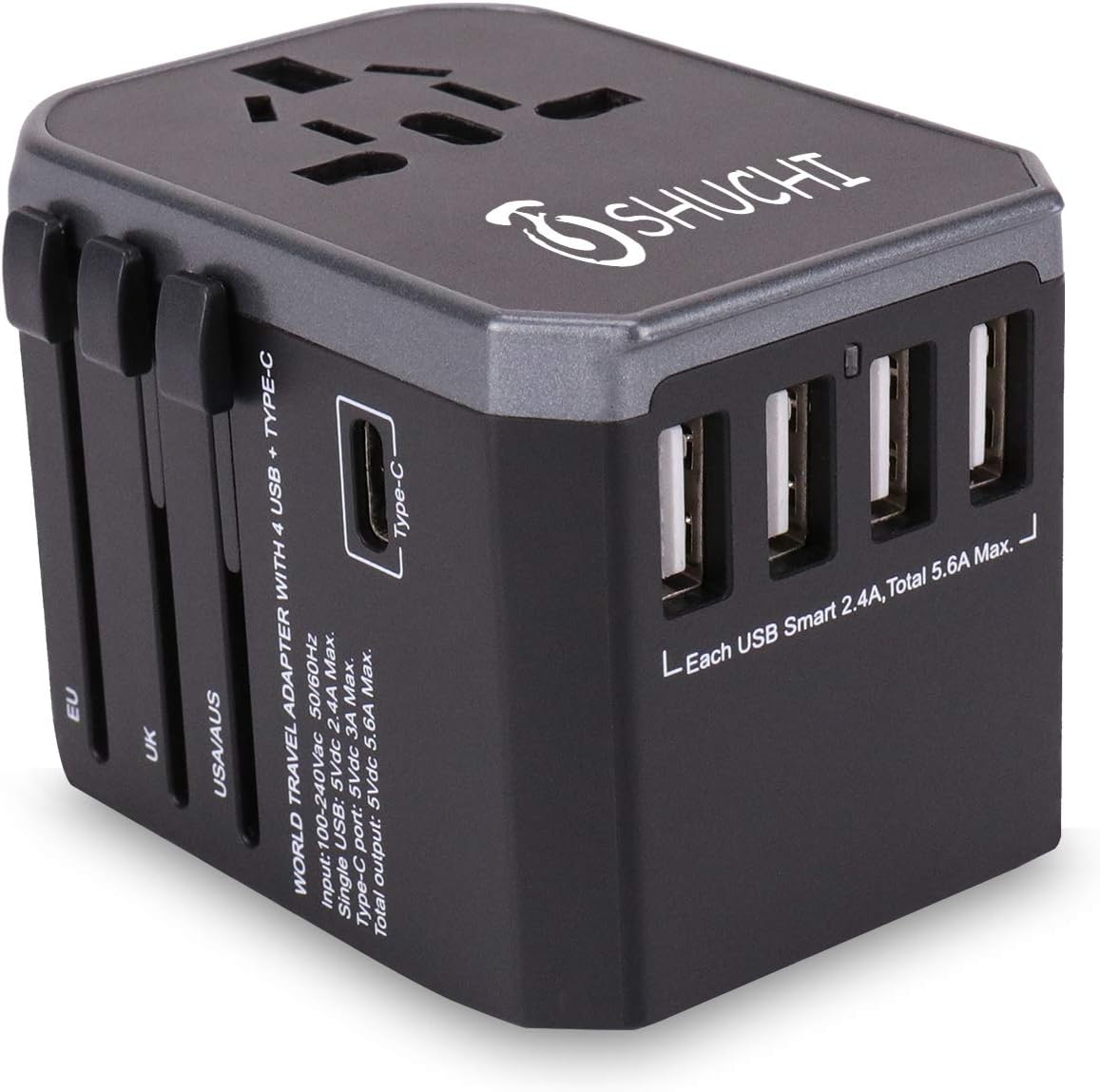 Travel Adapter, All in One Wall Charger AC with 3.0 A Type C and 4 USB for UK USA EU AUS Asia - - 