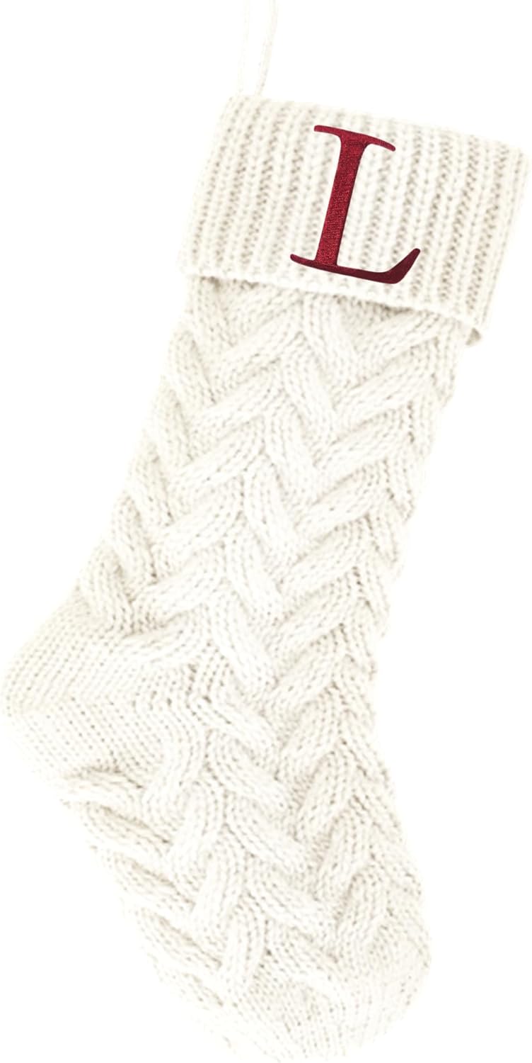 Stockings & Holders - Kunyida 18 Inches Personalized Initial Monogram Christmas Stockings Ivory Family Xmas Stockings for Fireplace and Home Decor,Embroidered Letter L