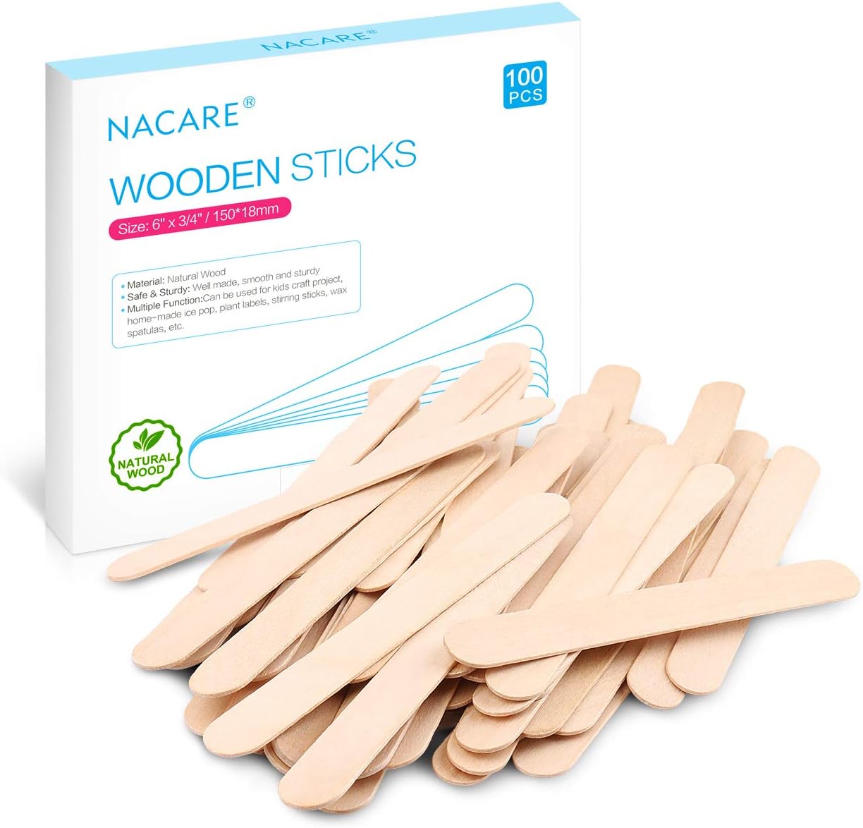 Nacare Natural Wooden Wax Applicator Sticks Waxing Spatulas for Hair