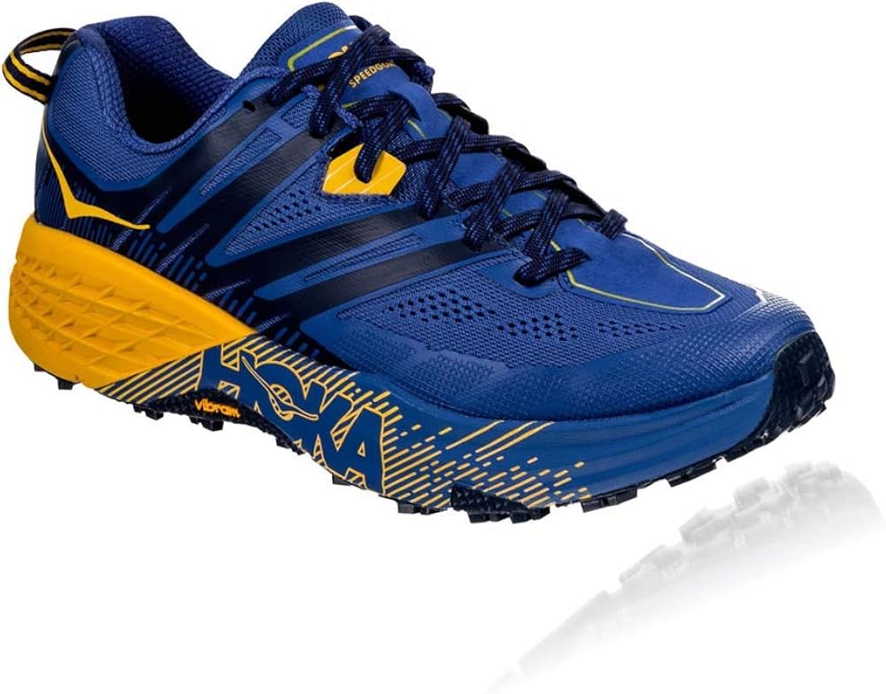 blue and gold running shoes