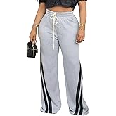 Unybwonn Women High Waist Wide Leg Sweatpants Straight Leg Elastic Waist Pants Casual Striped Pants with Drawstring