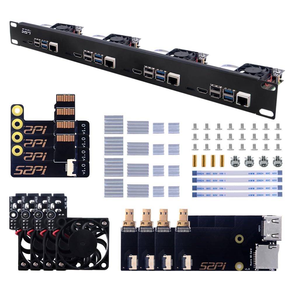 GeeekPi 1U Rack Kit for Raspberry Pi 4B, 19" 1U Rackmount Supports 1-4 Units with 4pcs Raspberry Pi Fans, Aluminum Heatsinks, Micro HDMI to HDMI Boards, TF Card to FPC Boards for Raspberry Pi 4B