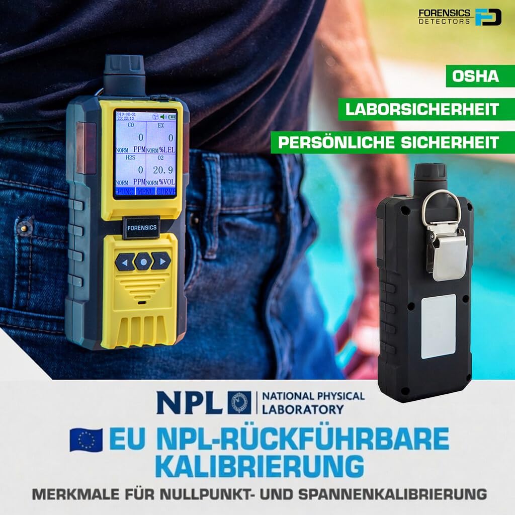 4-Gas-Messgerät mit Pumpe und Sonde | EU-Kalibrierzertifikat | Integrierte Pumpe und 4-Fuß-Sonde | Sauerstoff (O2), Kohlenmonoxid (CO), Schwefelwasserstoff (H2S), EX%UEG 3