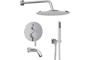 Gabrylly Shower System with Tub Spout, Bathtub Shower Faucets Set with 3-Way Shower Valve, High Pressure 10" Rain Shower head with Handheld Spray Combo, Wall Mounted Rainfall Shower Head Set, Chrome