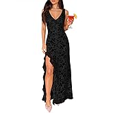 ANRABESS Wedding Guest Dresses for Women Mesh Semi Formal Maxi Dress | Bodycon V Neck Sleeveless High Slit Ruffle Hem,Elegant Cocktail Party Wear,Spring Summer Prom Bridal Shower Floral Long Dress