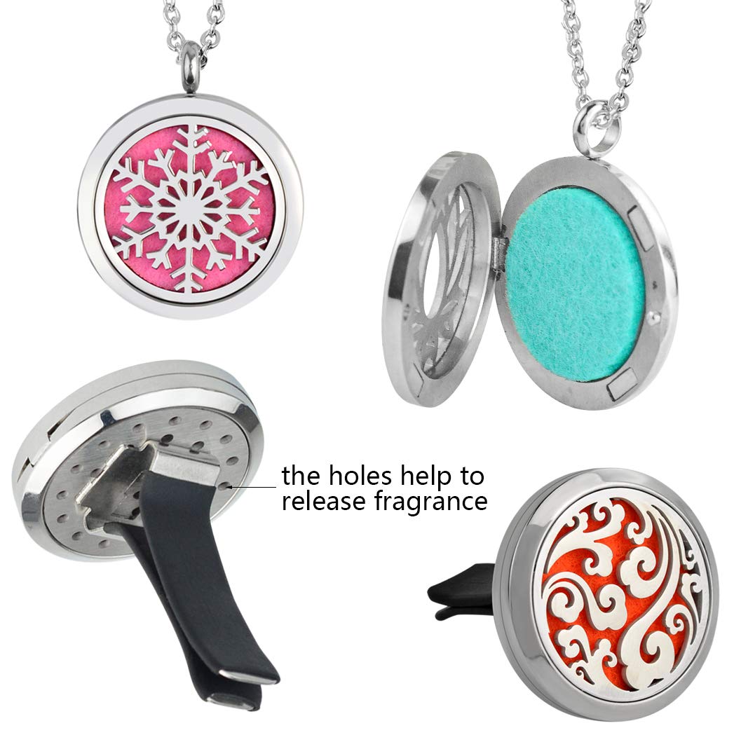 Aromatherapy Essential Oil Diffuser Set, heliltd 2PCS Car Diffuser Vent Clip and 2PCS Essential Oil Perfume Diffuser Necklace Stainless Steel Locket Air Freshener (30mm)