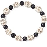 Howlite Synthetic Turquoise Skeleton Tibetan Prayer Bead Beaded Bracelets for Men Women His and Hers Couples Bracelets Elastic Adjustable Bracelet Halloween Jewelry Accessories (White-black) 