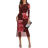 Dressystar Women’s Long Sleeve Maxi Wedding Guest Dress 2026 Spring Ruched Floral Mesh Bodycon Formal Cocktail Party Dresses