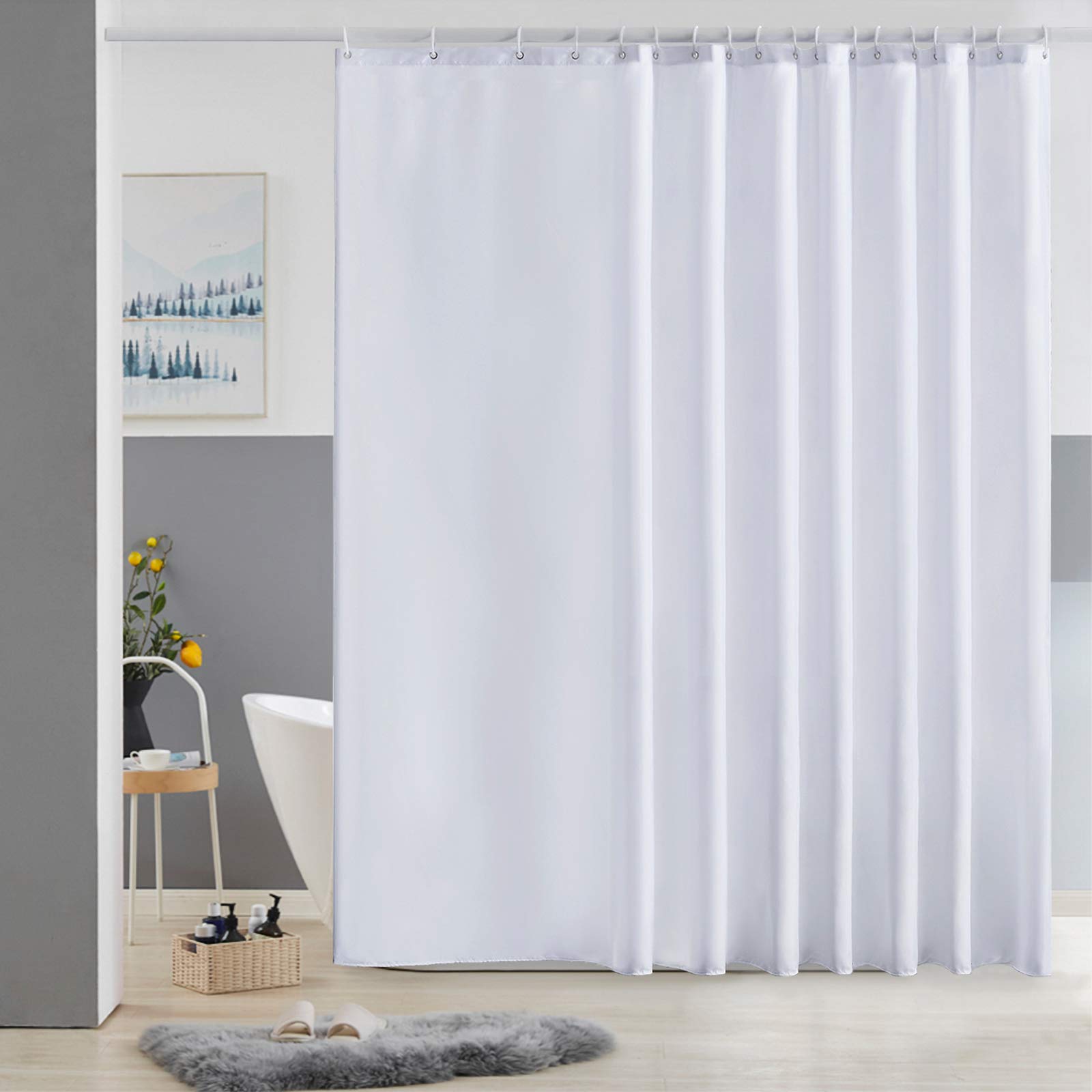 Furlinic Extra Wide Shower Curtain Fabric Washable Mould Proof Waterproof for Bathroom Bath Curtains Sets With 18 PCS Plastic Hooks White 108 x 72 Inch 275x180cm.