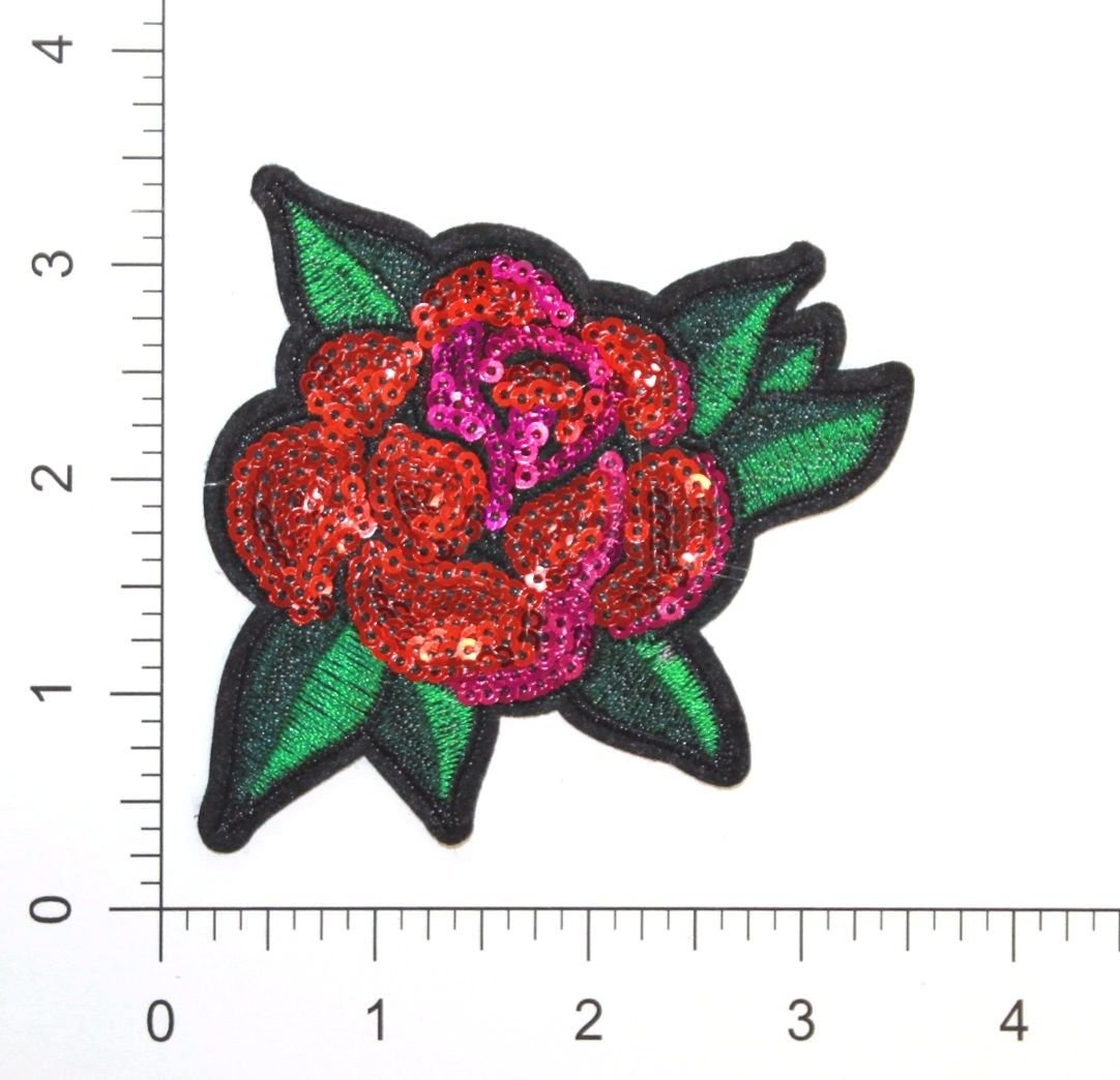 Sequin Rose Flower Patch - Embroidered Iron-On Applique Heat Press - 3.5" x 3.25" (6 Pieces)