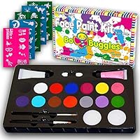 Bo Buggles Kids Face Paint Kit + 50 Stencils."Super Buggly Kit" with 14 Paints; 2 Glitter Gels; Large 4 Gram Professional Paints; 2 Brushes; 2 Sponges. Pro-Quality Non-Toxic Face Painting Palette