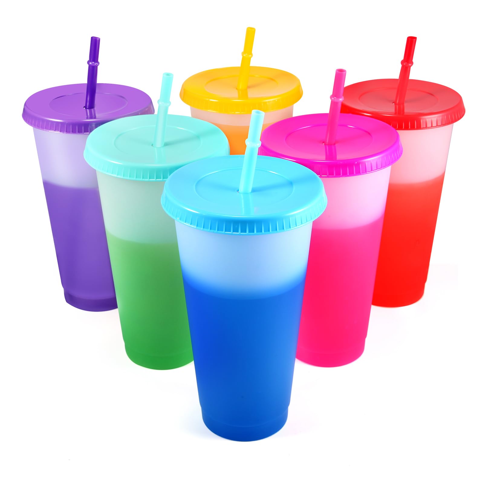 EASEVE Colour Changing Cups Tumblers with Lids & Straws - 6 Pack 24oz Reusable Plastic Cups Iced Coffee Cup Cold Water Color Change Party Tumbler for Adults Travel Mugs for Drinks — image 1