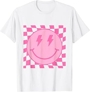 Retro Happy Face Pink Checkered Pattern Smile Face Trendy T-Shirt