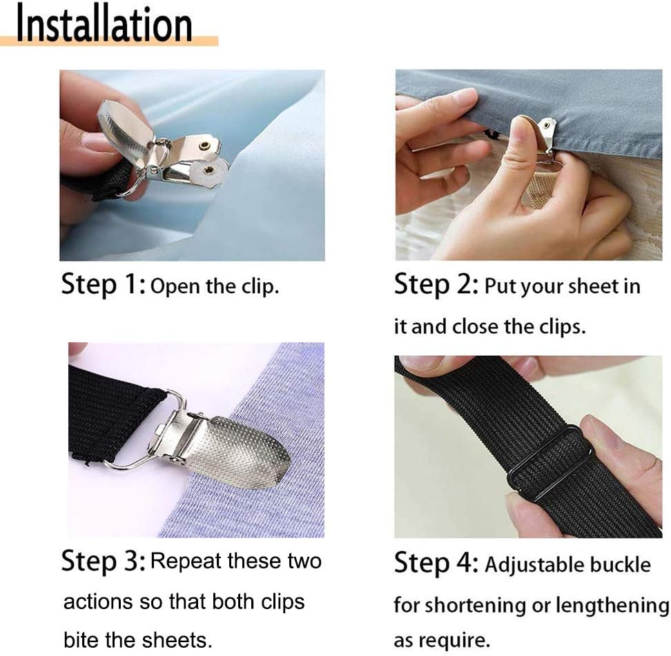 4Pcs Adjustable Bed Sheet Straps Clips, Elastic Mattress Sheet Fasteners Holder and Suspenders, Grippers to Hold Sheet, Mattress, Sofa, Couch, Table Cloth, Recliner Ironing Board Cover and More: Home & Kitchen