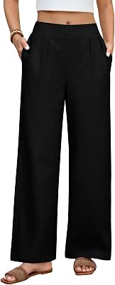 Pantalon Ete Femme Leger Coton Pantalons Elastique Haute Taille Ample Pantalon Detente avec Poches, Noir, M
