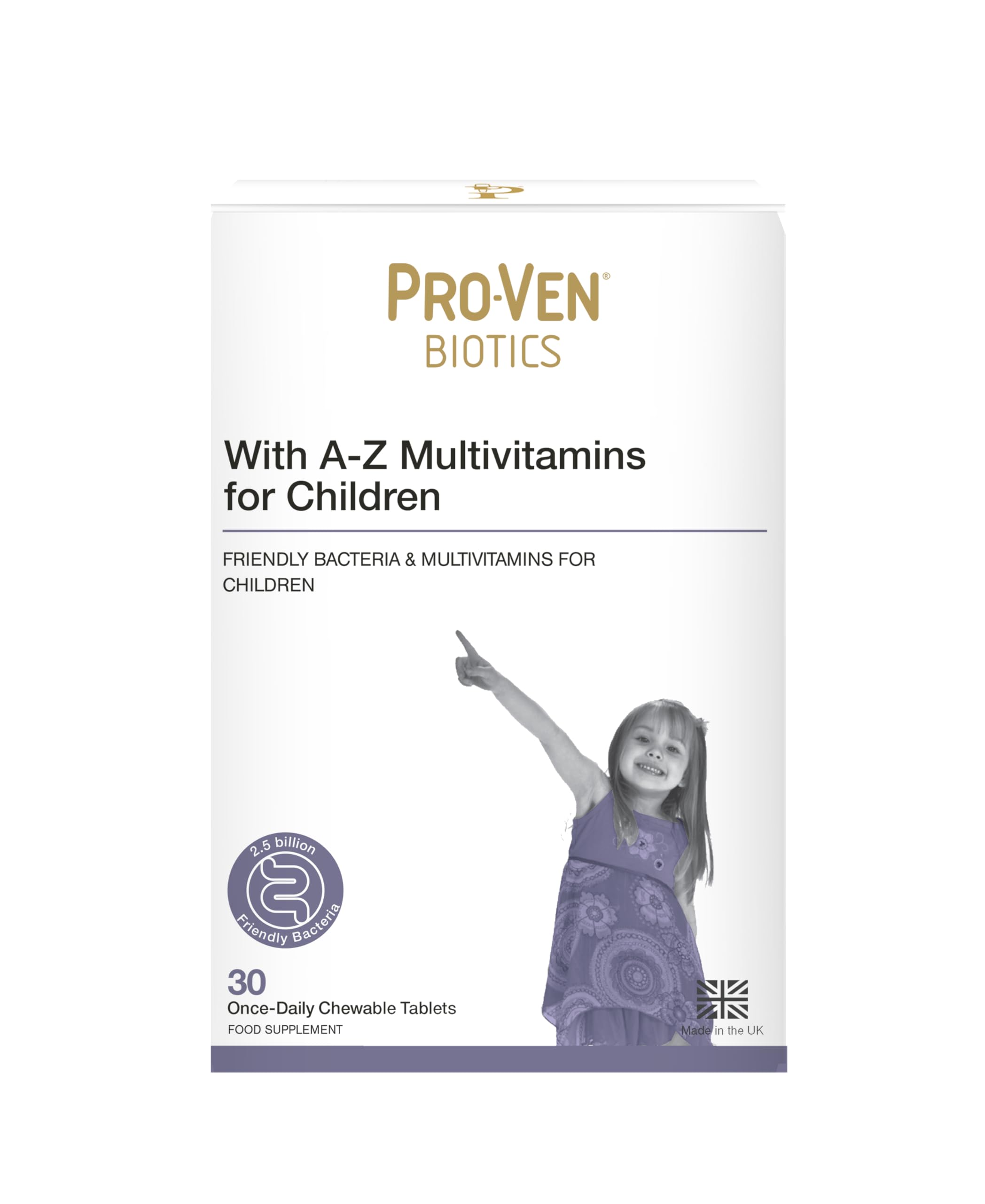 Pro-Ven Probiotics for Children (4-16) A-Z Multivitamins Supplement for Gut Health, Immunity & Energy 2.5 Billion CFU Friendly Bacteria 30 Blackcurrant Chewable Tablets