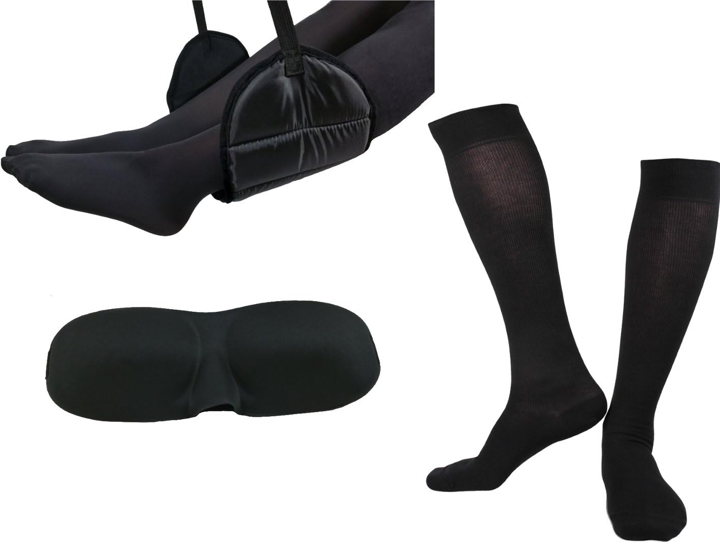 Sleepy Ride Airplane Memory Foam Footrest, Sleep Mask & Compression Socks Travel Kit - Tested & Proven to Prevent Swelling & Soreness