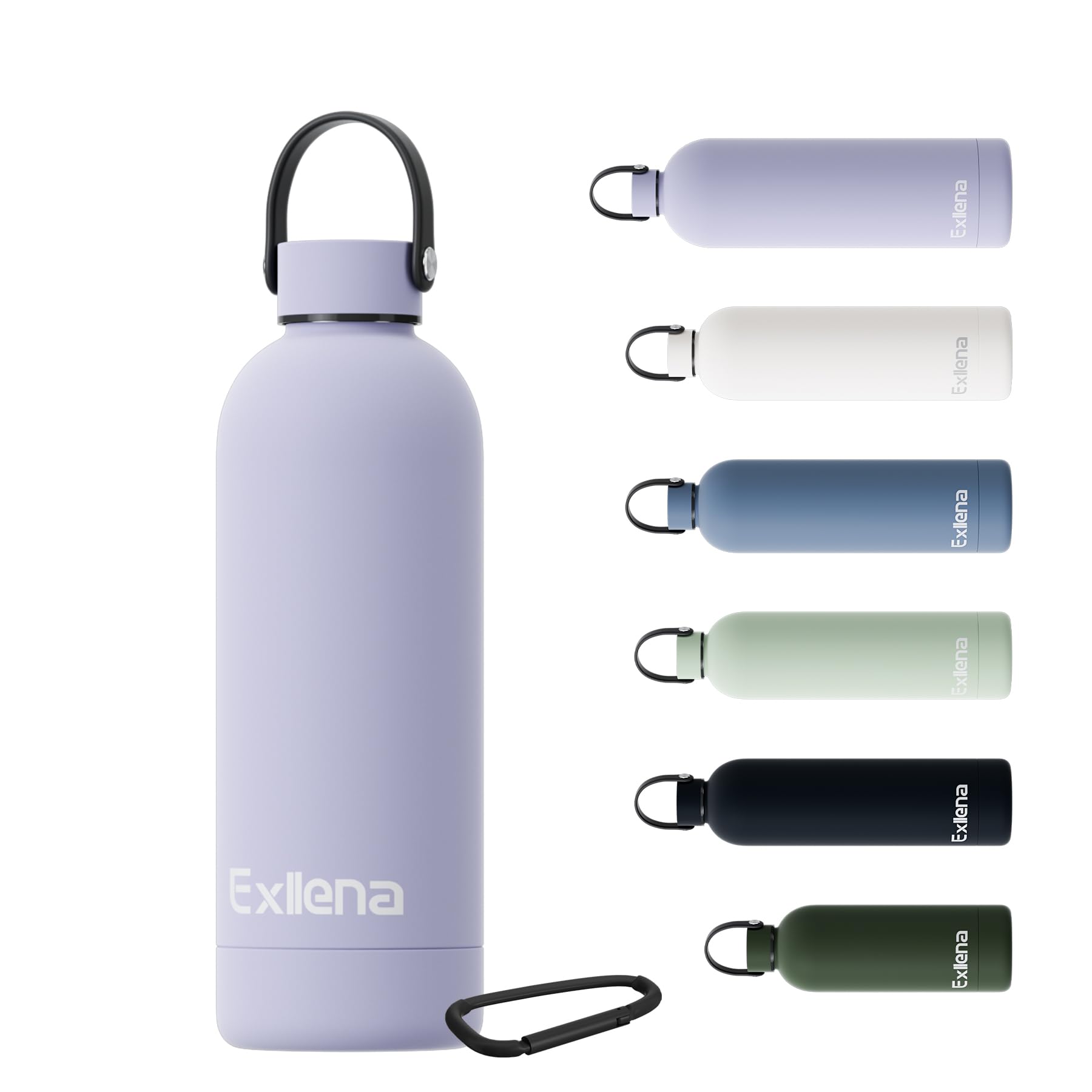 Exllena 500ml Water Bottles Metal with Handle Lid and Carabiner, Double Wall Vacuum Drinks Bottle Keeps Drinks Cold 24 Hrs/Hot 12 Hrs, Stainless Steel Water Bottle BPA Free(Purple)