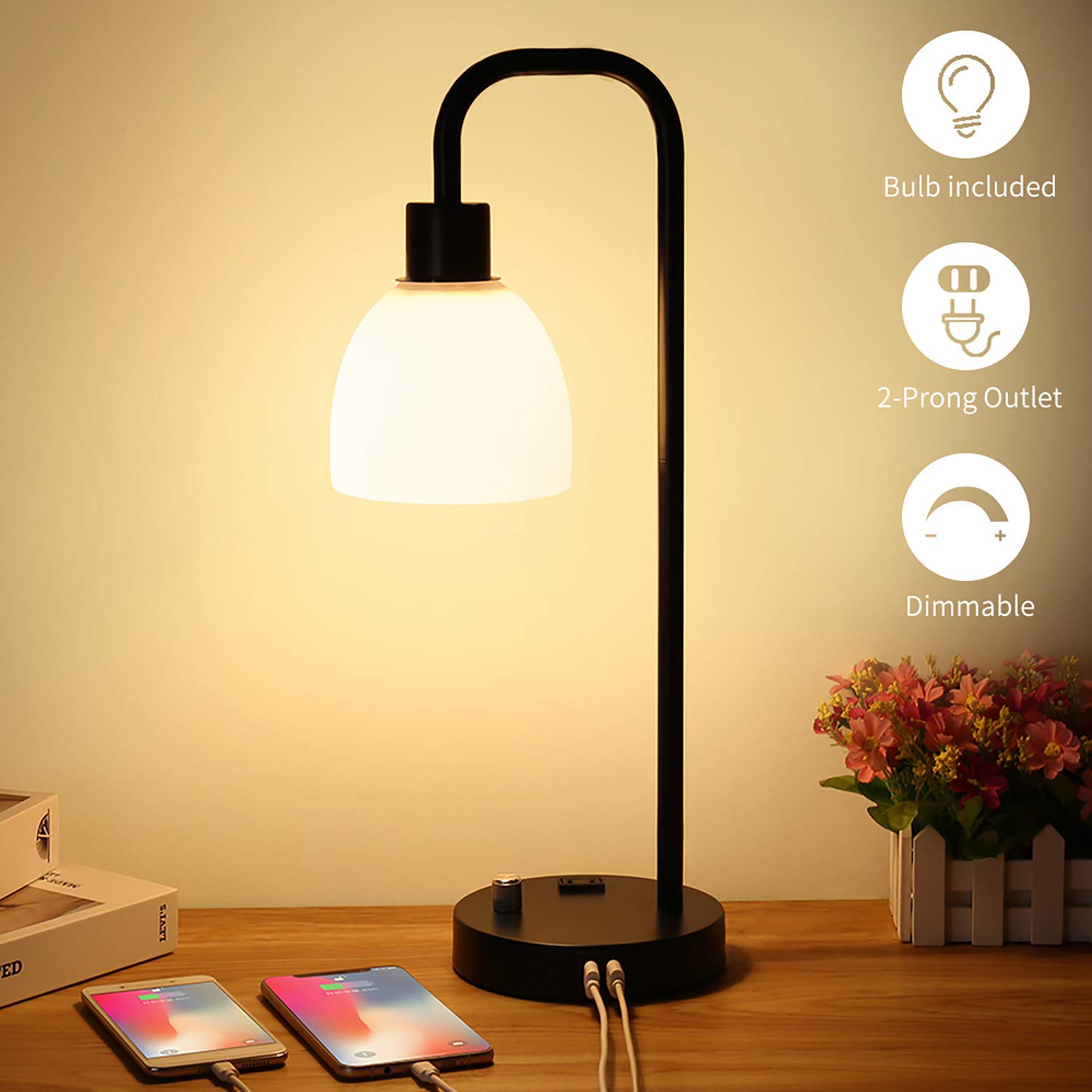 With 2 Usb Charging Ports 3 Way Touch Control Dimmable Table Lamp Modern Nightstand Lamps Suitable For Bedroom Living Room Office 100 W Equivalent Vintage Led Bulb Included Fabric Round Lampshade Tools