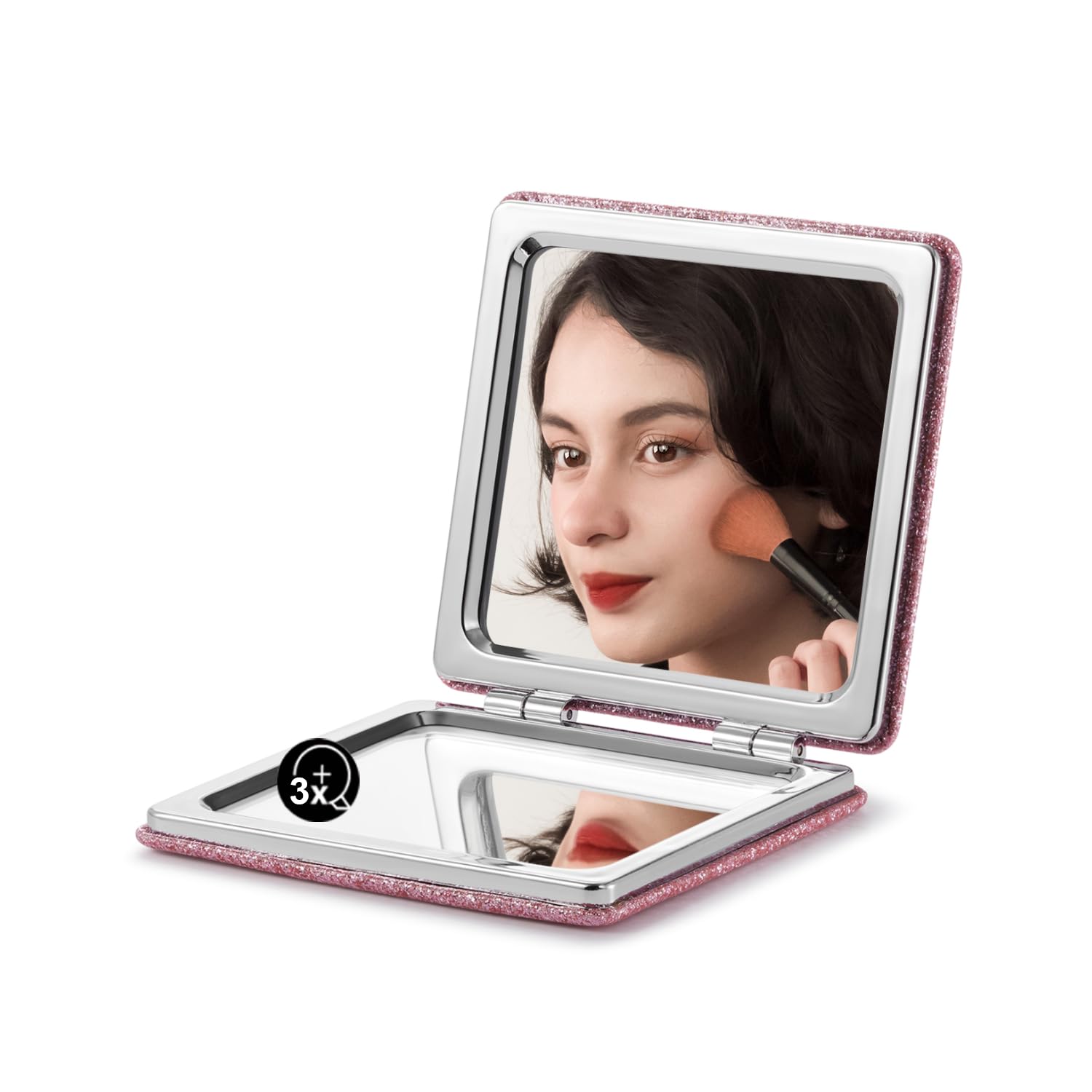 OMIRO Compact Mirror with 1x/3x Magnification, Square with PU Leather, Small Mirror for Purses, Daily Makeup (Glitter Pink)