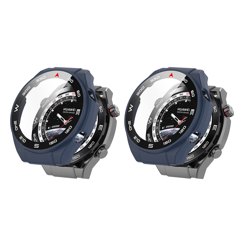 QINOUK Hard PC Case for Huawei Watch Ultimate with Built in Tempered Glass, [2-Pack] All Around Anti-Scratch Protective Case Compatible with Huawei Watch Ultimate-Blue