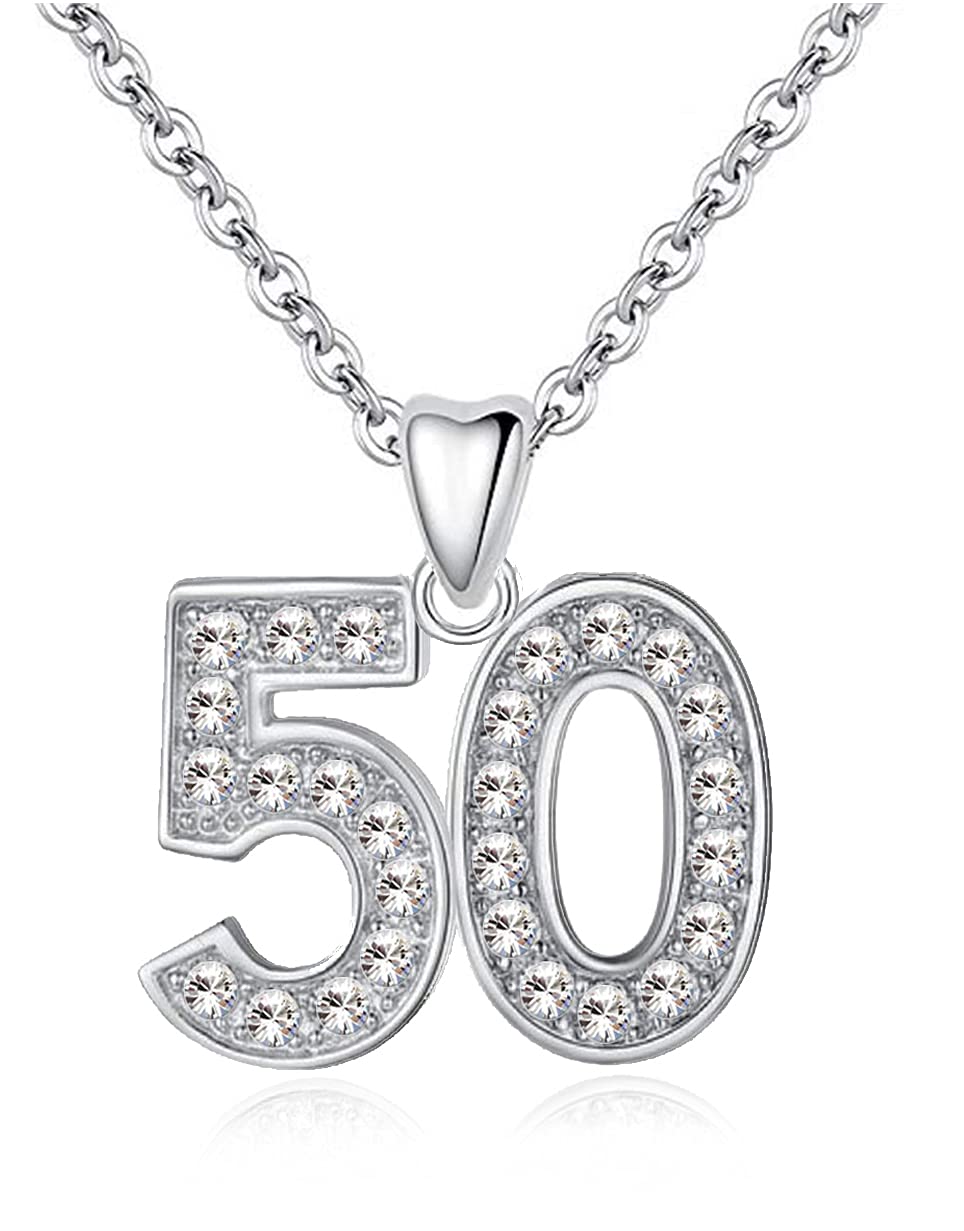 LSDesigns 50th Necklace Pendant & Chain 925 Sterling Silver with Clear White Crystals 50 Birthday Women Her Girls - Gift box