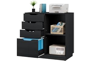 PAG-Mass 4 Drawers Lateral File Cabinet, Wood Filing Cabinet, Printer Stand with Open Storage Shelves for Home Office, 6 Compartments, Black