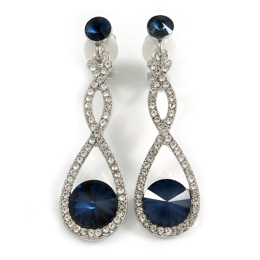Bridal/Prom/Wedding Montana Blue/Clear Austrian Crystal Infinity Drop Clip On Earrings In Silver Tone - 50mm Long