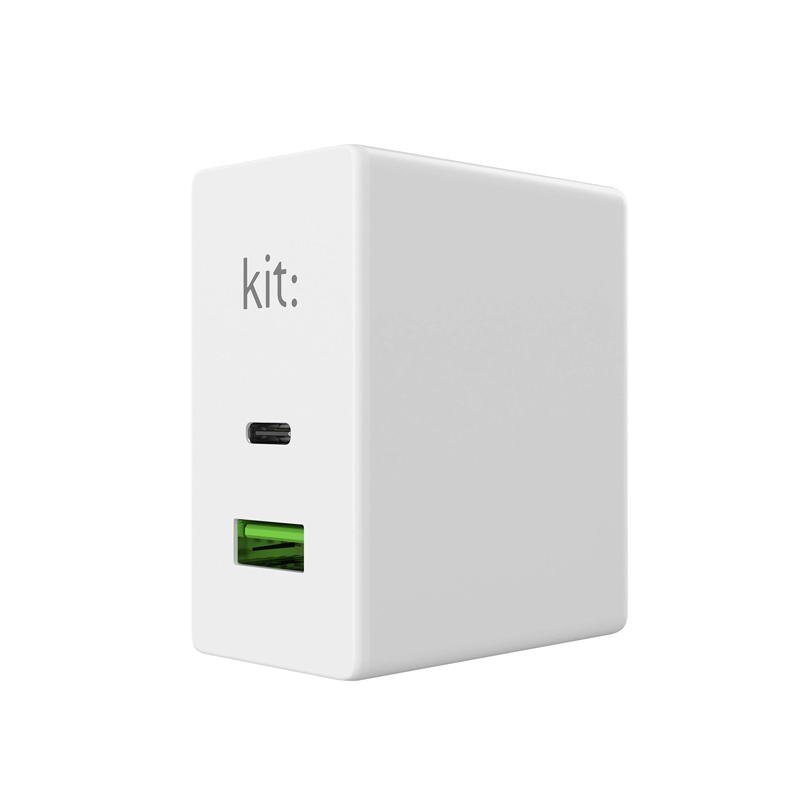Kit Premium Universal Mains Charger with Dual Outputs and Travel Adapters – 30 W Fast-Charging Mobile Phone/Tablet/Laptop Charger – USB-C and USB-A Ports with UK/EU/AUS/US Wall Plug Adaptors – White