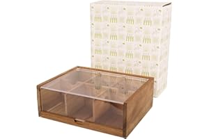 Tea Bag Organizer 6 Compartments by HTB| Gift Box Acacia Wood Tea Organizer for Tea Bags with Acrylic Transparent Hinged Lid