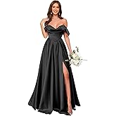 homdor Off Shoulder Satin Bridesmaid Dresses Long Pleated Formal Dresses A Line Evening Gowns with Slit