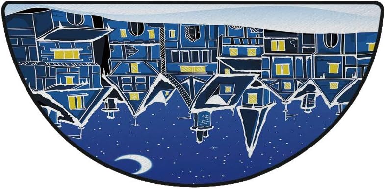 18" x 36" Half Round Door Mat,Town in Snow Old Houses Winter Season Moon and Stars Night Christmas Inspired Outdoor/Indoor Entry Rug,for Home Kitchen Office Standing Desk Mats,Blue Yellow White