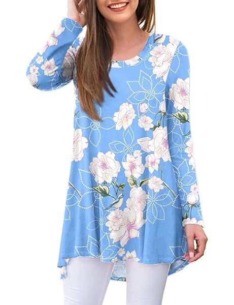 AWULIFFAN WOMEN’S CASUAL LONG SLEEVE ROUND NECK LOOSE TUNIC T SHIRT BLOUSE TOPS (FLOWER LIGHT BLUE,LARGE)