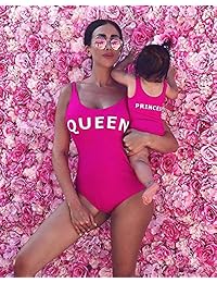 Yaffi Traje de baño familiar a juego, una pieza, para la playa, con letra impresa, monokini, bañador, color rosa y blanco