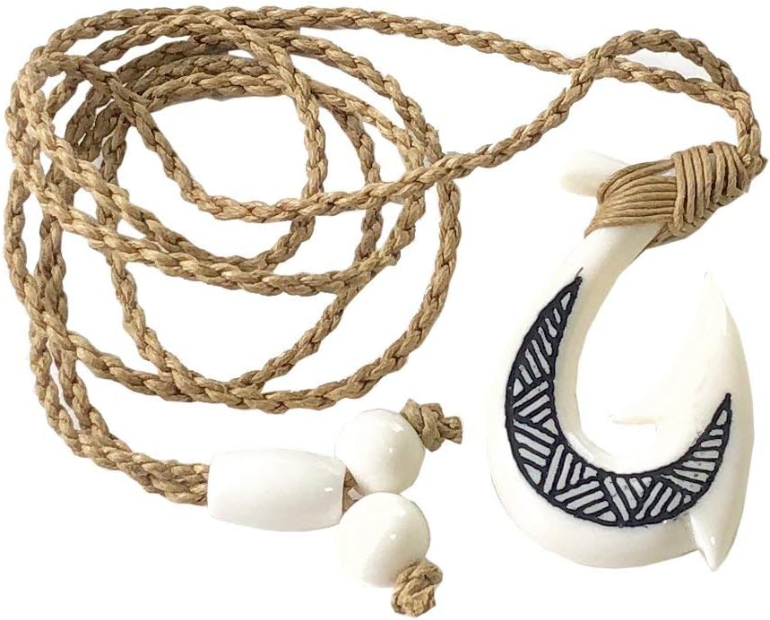Zero Gravity HawaiiHand Carved TATTOO Fish Hook White Buffalo Bone Hawaiian Necklace