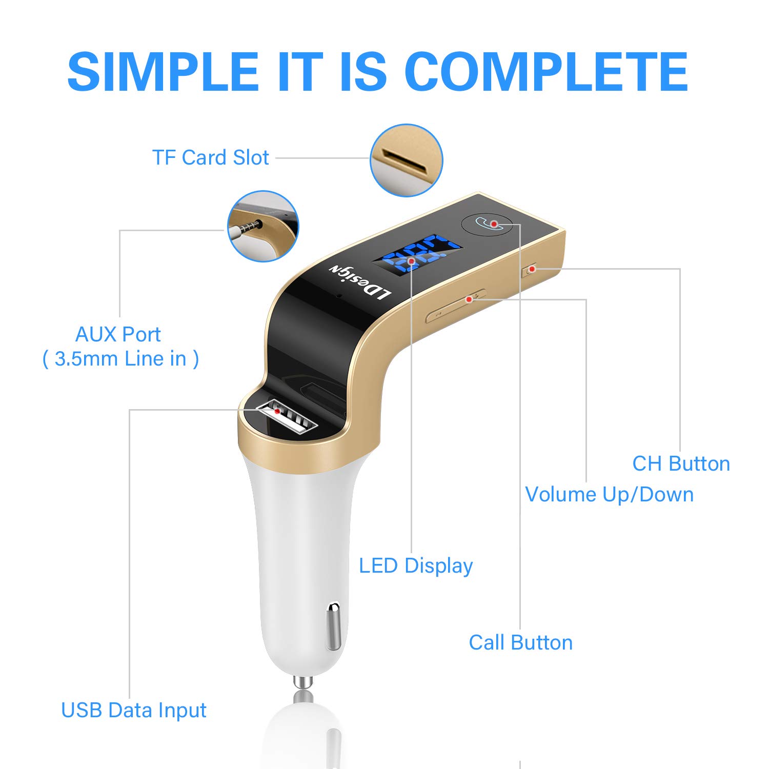 FM Transmitter, LDesign Bluetooth Wireless in-Car FM Radio Adapter Car Kit with Hand Free Call | Stereo 4 Modes Music Play | TF Card &U-Disk Reading Applicable for All Smart Phones -Gold