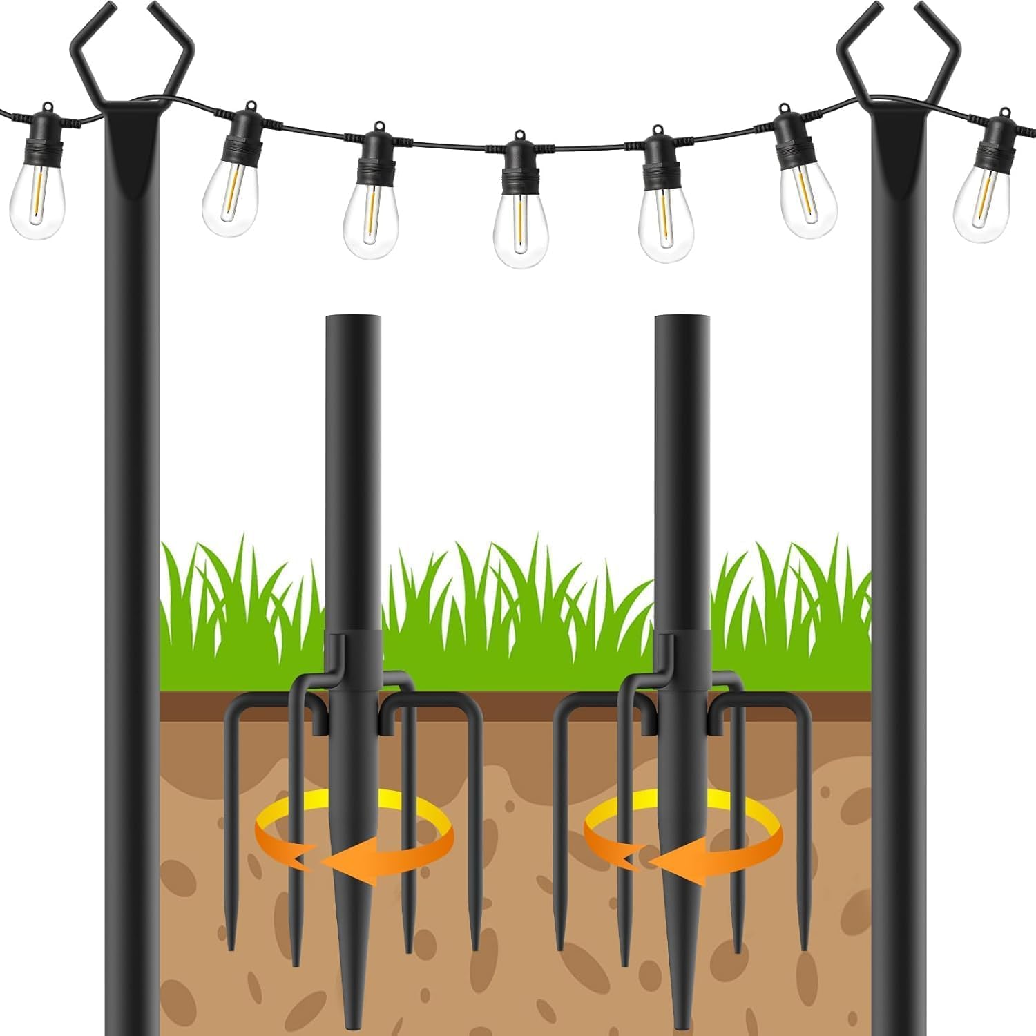 HoldOneLight String Light Pole for Deck - 2 Pack 9.8FT for Outside Hanging Steel String Poles for Outdoor Decoration Garden, Backyard, Patio Lighting Stand for Parties, Christmas, Wedding (2 Pack)