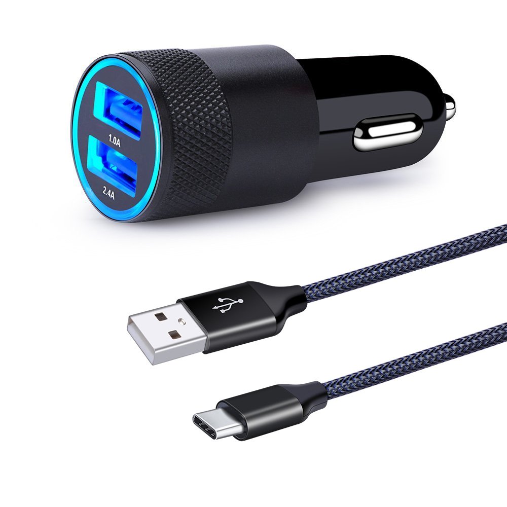 USB Typc C Car Charger,HUHUTA Dual Port Car Charger with 6ft USB C Charger Cable Compatible Samsung Galaxy S9 S8 Plus,MacBook, LG G7 G6 V20 V30, ZTE Axon 7,Google Pixel, Nexus 6P 5X,Nintendo Switch