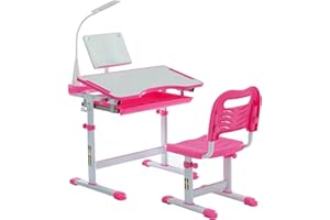 Gowxil Kids Study Desk and Chair Set, Multi Functional Height Adjustable Children School Study Desk with Tilt Desktop, Bookstand, LED Light, Metal Hook and Storage Drawer for Boys Girls, Pink