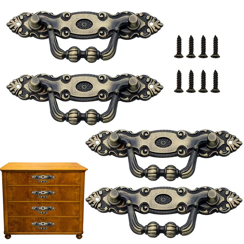 ERHUAN Vintage Drawer Pull Handles, 4 Pieces Drawer Cabinet Pull Handles, Furniture Handle Decoration, Vintage Pull Handle, with Screws, for Furniture Drawer Wardrobe Cabinet Door