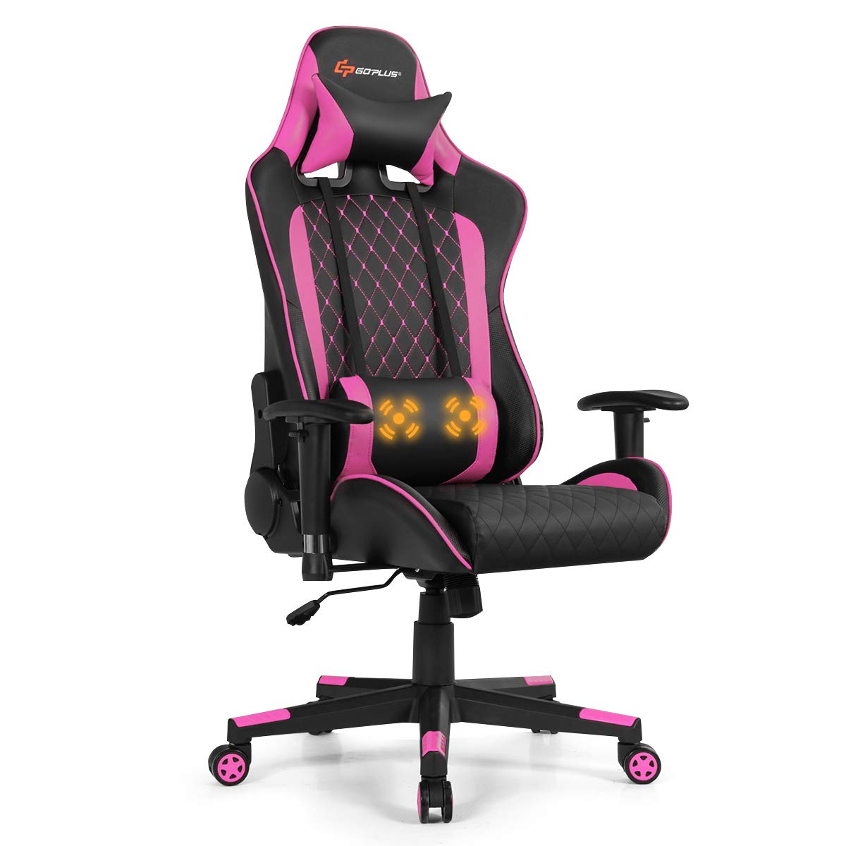 Goplus Silla de masaje para juegos, respaldo reclinable, pasamanos y ajuste de altura del asiento, silla de oficina para computadora de carreras, silla ergonómica de juego giratoria de PU bordada con respaldo alto con reposacabezas y cojín lumbar