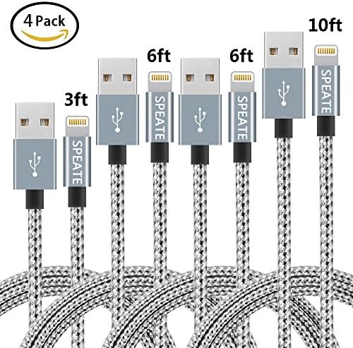 SPEATE iPhone Charger 4PCS 3FT 6FT 6FT 10FT Nylon Braided Lightning USB Cable Cord Charger Compatible with iPhone8 7 7Plus 6 6s 6 plus,iPhone 5 5s SE,iPad,iPod Gray+White (Gray+White)