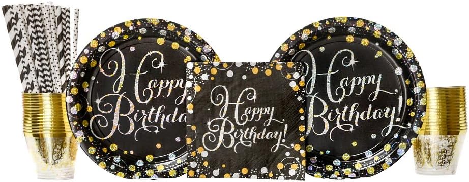 Gold Sparkle Sparkling Celebration Birthday Party Supplies Pack for 16 Guests: Straws, Dinner Plates, Luncheon Napkins, and Cups