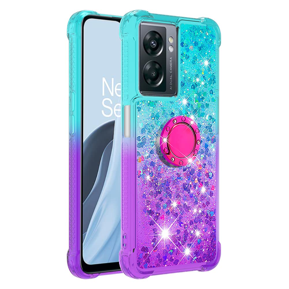 OPPO A57/A57S/A77 Case with Ring Kickstand, Cute Glitter Bling Sparkle Quicksand Flowing Liquid Clear TPU Gel Silicone ShockProof Phone Cover for OPPO A57/A57S/A77 Case Girls, Blue & Purple