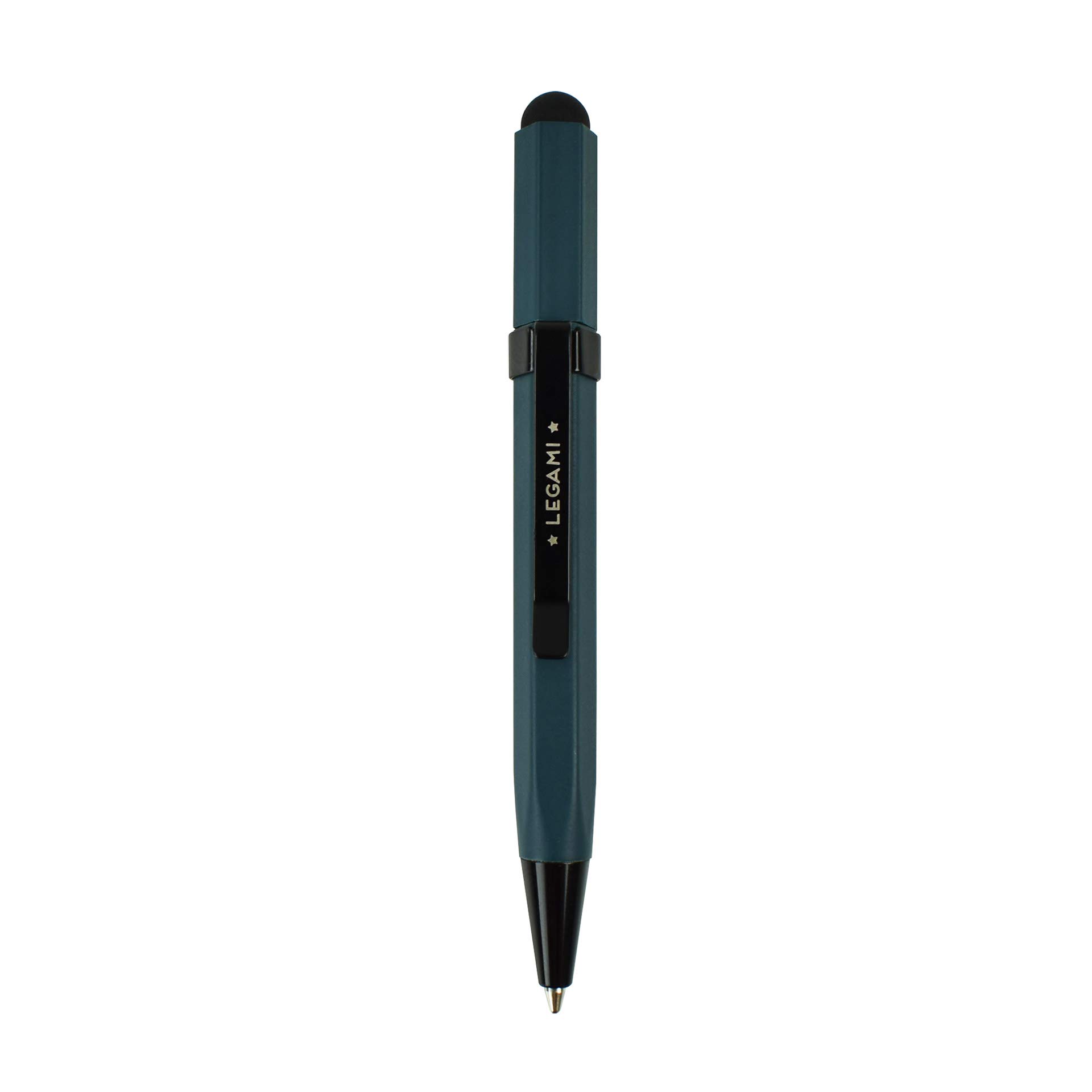 Legami - Mini Touch Pen, 0.8 x 9.7 cm, Ballpoint Pen, Black Ink, Tip Diameter 1 mm, Pen with Eraser for Typing on every Touch Screen Device, Petrol Blue Variant