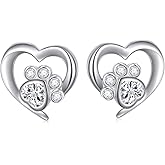 925 Sterling Silver Cute Heart CZ with Cat Puppy Paw Print Stud Earrings Gift for Women Friends (Nickel Free)
