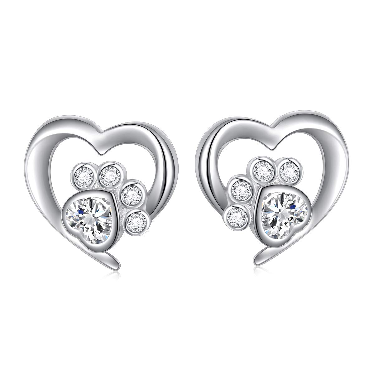 Dog Earrings 925 Sterling Silver Cute White Heart CZ Cat Puppy Dog Paw Print Stud Earrings Birthday Gift for Women Teen Girls (Nickel Free) — image 1