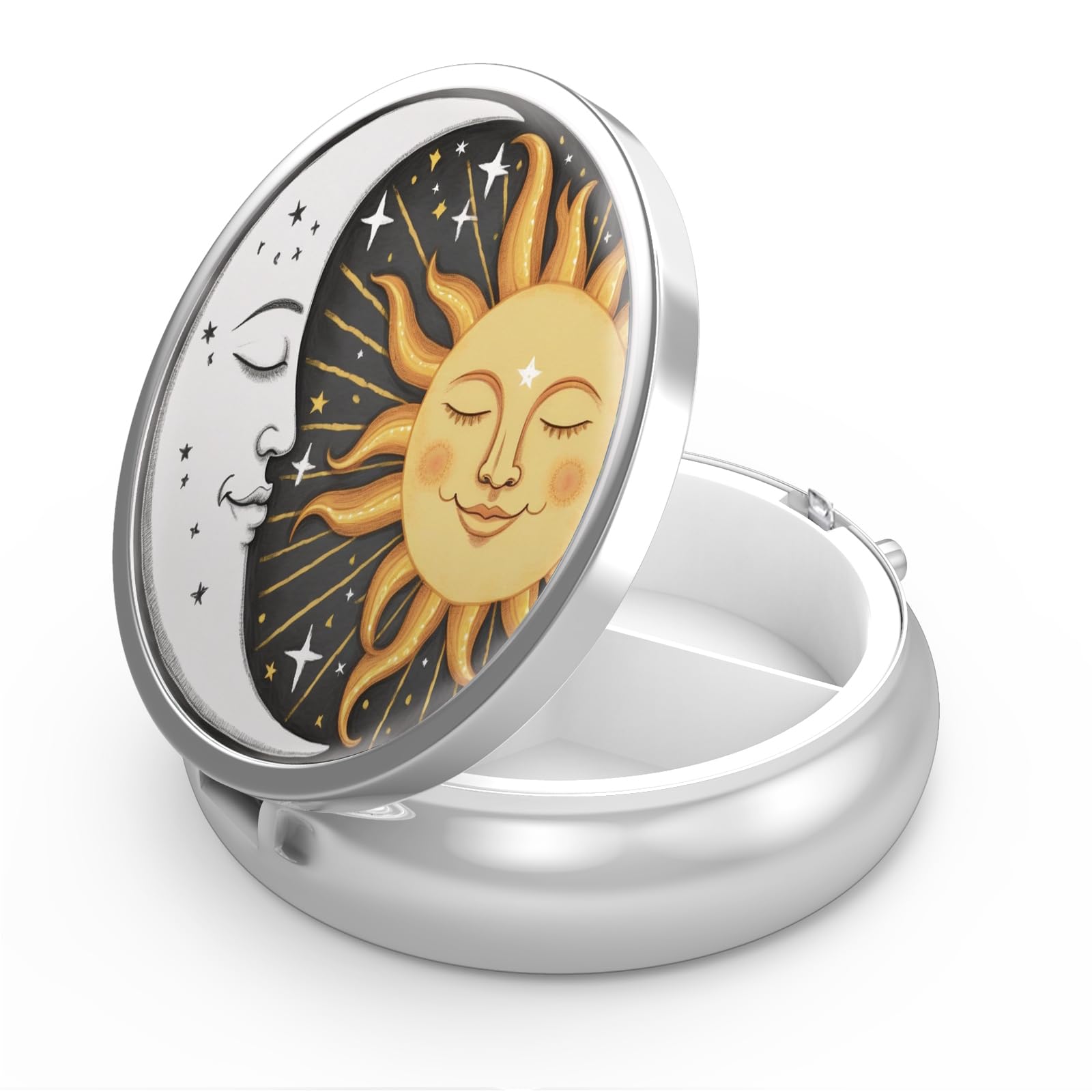 Pill Box 3 Compartment Small Pill Case,Portable for Pocket or Purse Pill Organizer Pill Container Holder to Hold Vitamins, Medication, Fish Oil and Supplements(Sun and Moon)